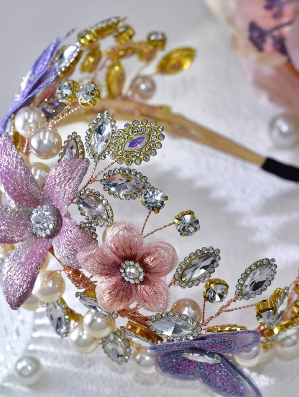 Rhinestone Tiara with Floral and Pearl Accents